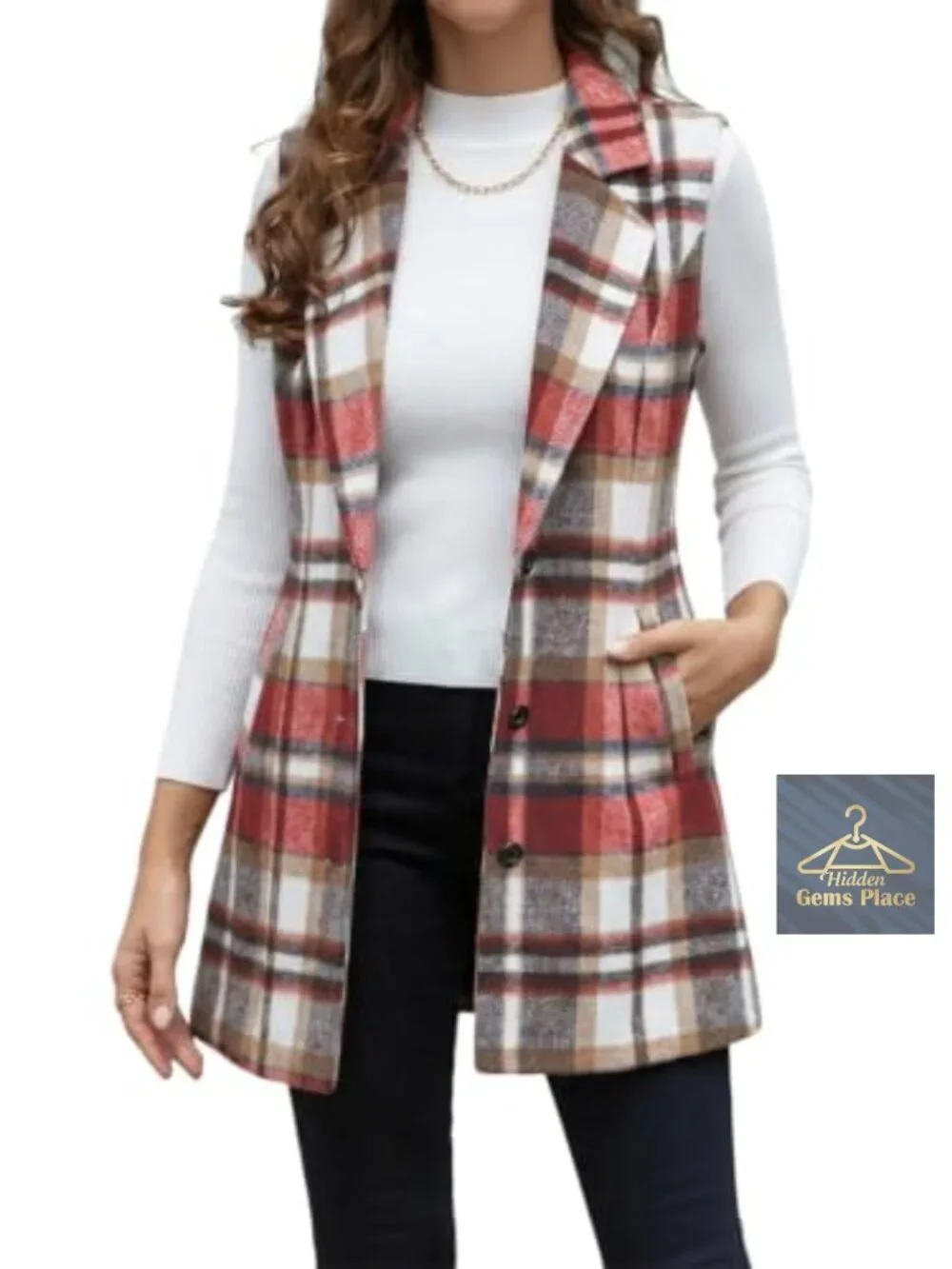 Wool Blend Plaid Sleeveless Vest Notch Lapel Casual Blazer Cardigan